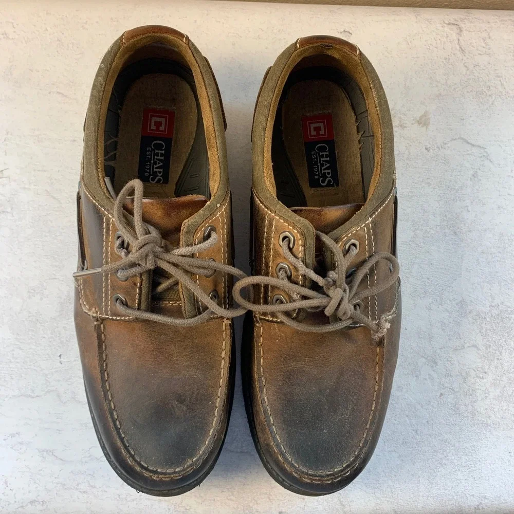 Chaps Leather Boat Shoes Men's 11M Brown Lace Up Moc Toe Lug Sole Casual